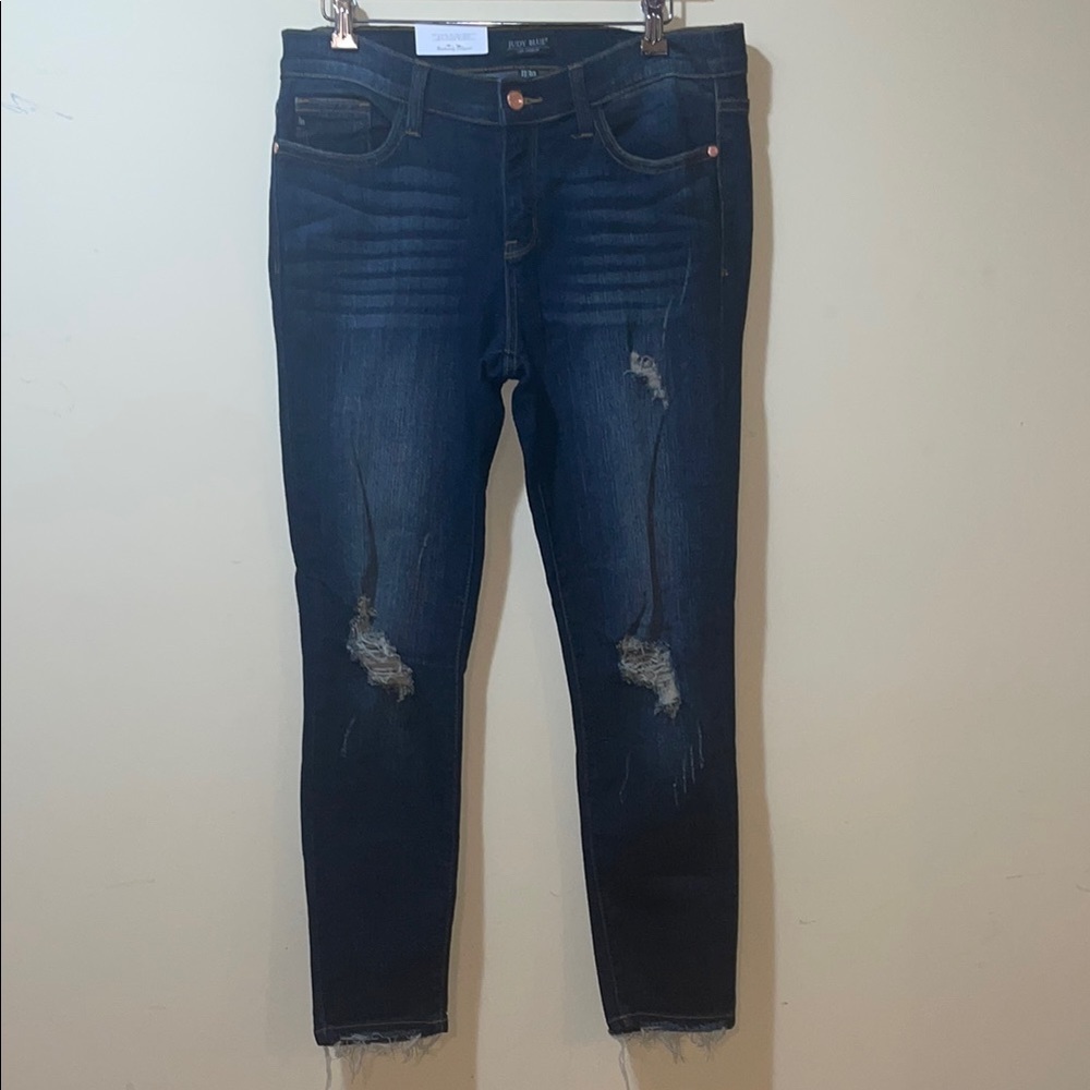 Women's New Judy Blue Skinny Fit Destroyed Dark Raw Hem Jeans